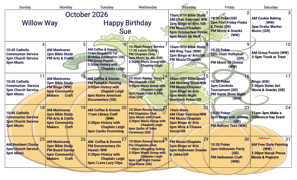 Willow Way Oct 26 calendar